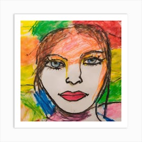 A Whimsical Crayon Portrait of a Pretty Woman in Messy Colorful Splendor Art Print