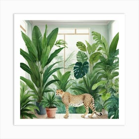 Indoor Tropical Plant Jungle With Cheetah Art Print 1 Art Print