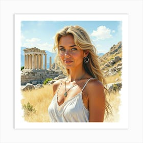 A Watercolor Painting Of A Charming Greek Woman With A Backdrop Of Ancient Ruins 1 Art Print