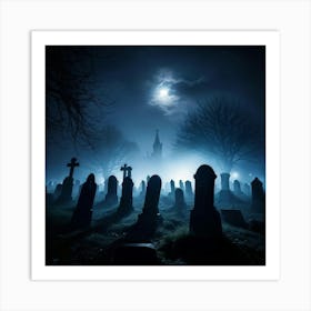 Cemetery Scene On A Halloween Night With Fog And Ghostly Silhouettes Against The Night Sky Haunted (1) 2 Art Print