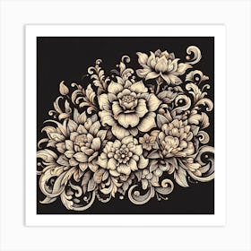 Floral Pattern On Black Background Art Print