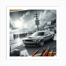 A Pencil Drawing Of A Dodge Demon At A Beach Front 1 Art Print