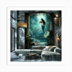 Mermaid in Aquarium, Surreal Fantasy Art Print
