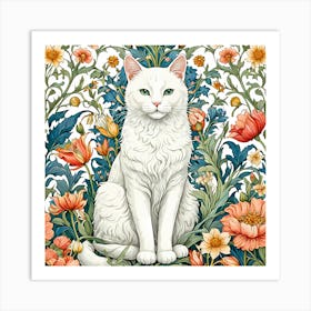 White Cat In Flowers william morris inspired Art Print