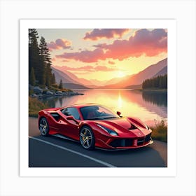 Ferrari With A Watercolor Sunrise Over A Tranquil Lake 1 1 Art Print