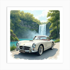 Elegant Car Near A Tranquil Waterfall, Watercolor Painting 1 Art Print