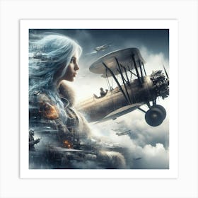Girl With Blue Hair And An Airplane Art Print