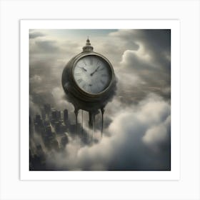Clock floating in skies Art Print