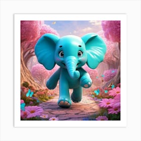 Turquoise Elephant Animated In 3d Strolling Through A Forest Interspersed With Pink Flowers Round Art Print