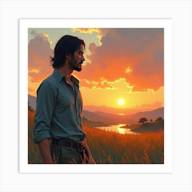 Keanu Reeves In A Tranquil Watercolor Landscape With A Glowing Sunset Art Print