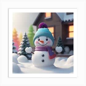 Snowman In Front Of House Art Print