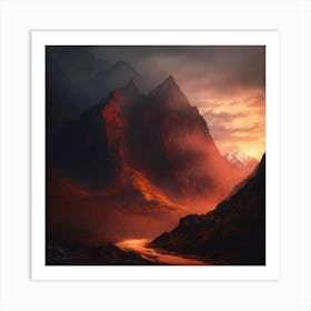 Mountains Fog at sunset Art Print