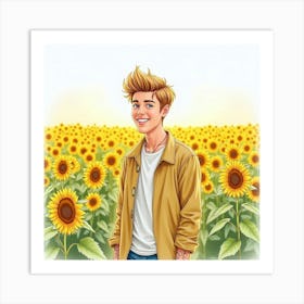 Watercolor Of Justin Bieber Standing In A Sunflower Field, Smiling Art Print