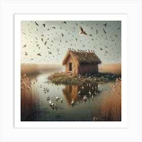 Birds Flocking To A Hut2 Art Print