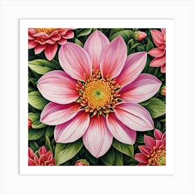 Dahlias, Illustrate A Close Up Of A Blooming Flower With Intricate Art Print