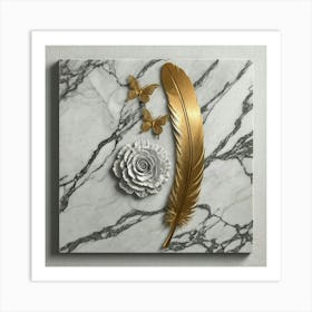 Gold Feather And Flower Art Print