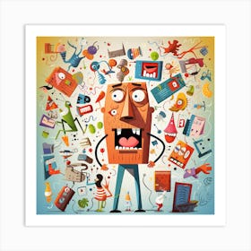 Cartoon Man In The Middle Of Chaos Art Print