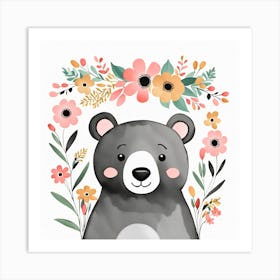 Floral Baby Black Bear Nursery Illustration (15) Art Print