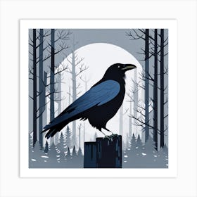 Crow In The Woods, Raven In The Forest, crow, crow in forest, crow in dark forest, bird in dark forest, black and grey, crow in moon Art Print