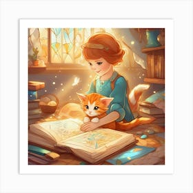 Girl Reading Book With Cat Art Print