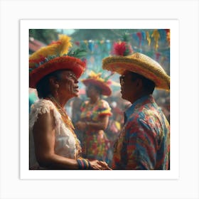 Two People In Colorful Hats Art Print