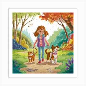 Girl Walks Her Dogs Art Print