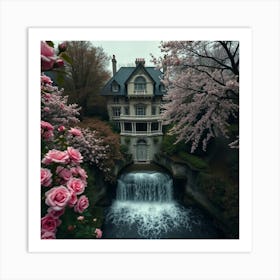 Pink Roses And Waterfall Art Print