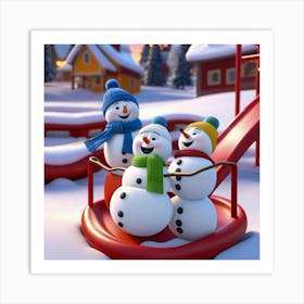 Snowmen On A Slide Art Print