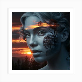 Sunset Visage A Cinematic Blend Of Nature And Humanity In Dark Fantasy (2) Art Print