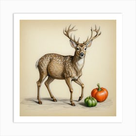 Deer With Pumpkins Art Print