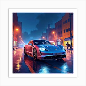 Porsche Taycan Turbo S In A Colorful Watercolor Urban Nightscape, No Logo Or Signature 1 Art Print