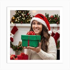 Happy Woman With Christmas Gift Art Print