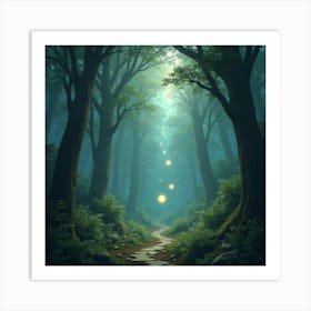 Mystical Forest With Floating Orbs, Ancient Ruins Visible 1 Art Print