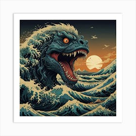 Godzilla Great Wave Off Kanagawa art print Art Print