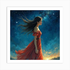 Spanish Woman Under A Starry Night, Watercolor With Mystical Glow 1 Art Print