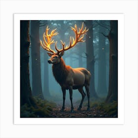 A Majestic Stag With Antlers Of Glowing, Celestial Patterns Standing In A Dreamlike Forest Art Print