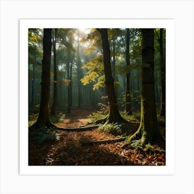 A Dense Forest With Sunlight Filtering Through The Canopy And A Carpet Of Fallen Leaves 2 Art Print