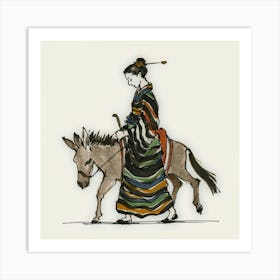 Asian Woman Riding A Donkey Art Print