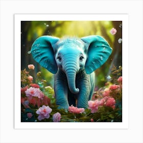 Firefly Adorable Turquoise Baby Elephant In A Magical Flowered Forest 34255 (2) Art Print