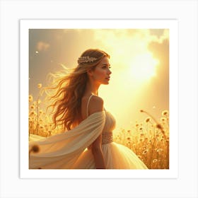 Radiant Young Queen In A Watercolor Scene With Soft, Golden Sunlight Art Print