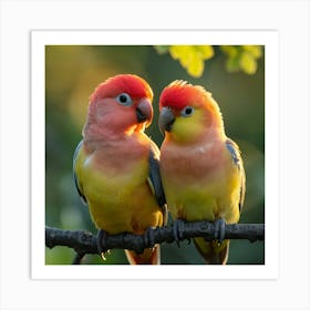 Two Lovebirds Perched On A Branch Art Print