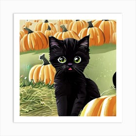 Adorable Black Kitten In Pumpkin Patch Art Print