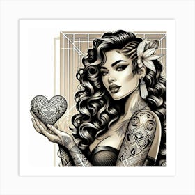 Tropical Girl With Heart & Tattoos Art Print