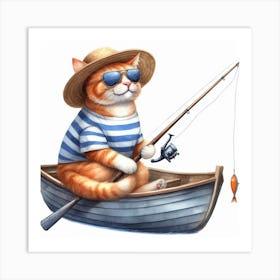 Cat Fishing In A Boat 1 Art Print