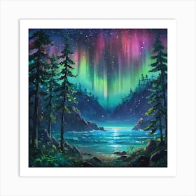 Enchanting Northern Lights Over a Serene Forest Cove at Twilight Art Print