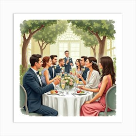 An English Wedding Reception With Guests Dining And Celebrating, Watercolor 1 Art Print