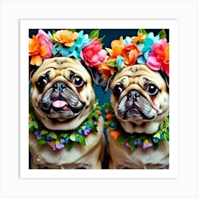 Two Pugs wearing Flower Wreath Crowns 2 Art Print