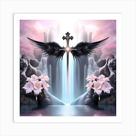 Dragon With Wings And Waterfall Art Print