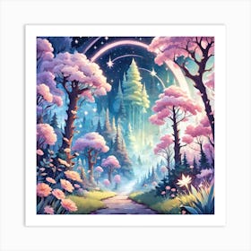 A Fantasy Forest With Twinkling Stars In Pastel Tone Square Composition 89 Art Print