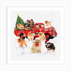 Pomeranian Riding Red Truck Xmas Merry Christmas Art Print